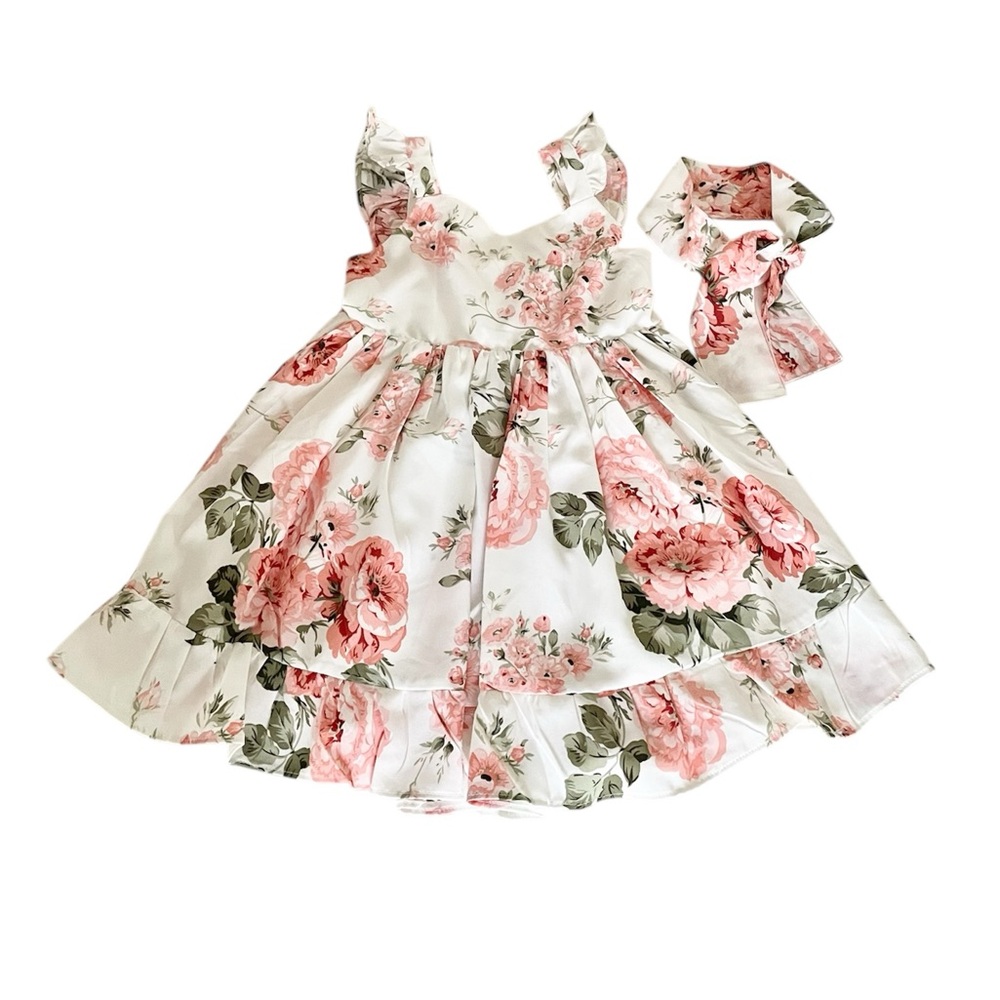 Flofallzique Floral Pink and White Ruffle Dress with Matching Headband Girls 2